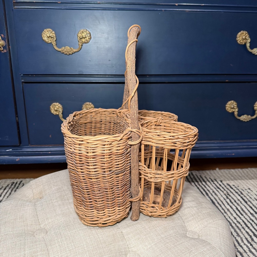 Vintage Wicker Rattan Wine Bottle Caddy 3 Compartment Branch Handle Boho Basket